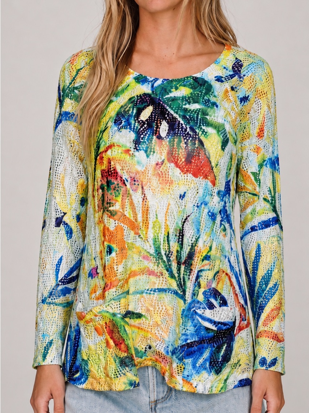 Crochet Knit Mesh Tropical Leaf Rainbow Print Tunic Top Women Size M Long Sleeve